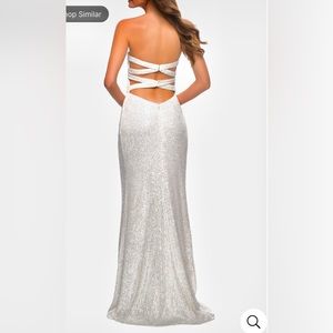 NWT La Femme White Glitter Sequin Strapless Criss Cross Sexy High Slit Gown